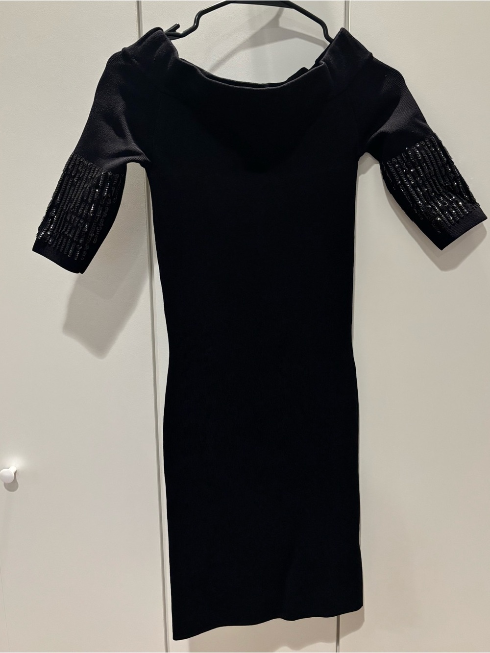 Guess Black Off-Shoulder Midi Dress with Beaded Sleeves